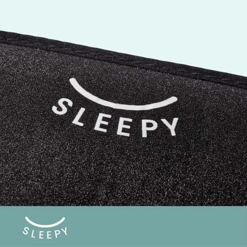 Front view of Glowco's black Sleepy Sleep Mask clearly displaying the branded "Sleepy" logo, designed for stylish comfort and restful sleep.